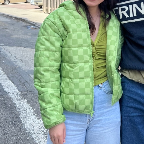 Wild Fable Green Checkered Puffer with Hood - Picture 3 of 5